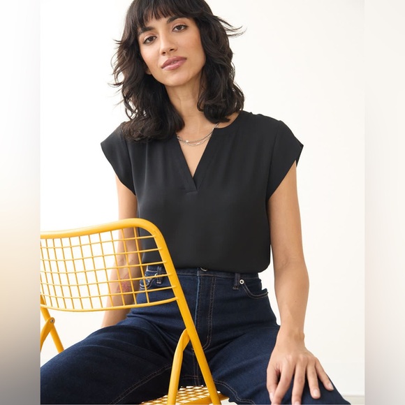 R Essentials Cap-Sleeve Blouse with Split Neckline - Picture 3 of 9